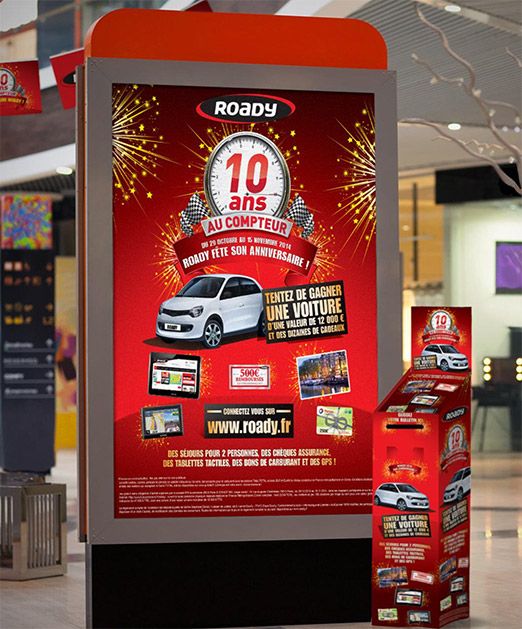 Affiche et urne de jeu-concours en point de vente Roady