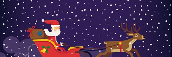 Principe d'illustration digitale réalisée dans le cadre d'un jeu-concours de course de traineau mettant en scène le père noël et un renne.